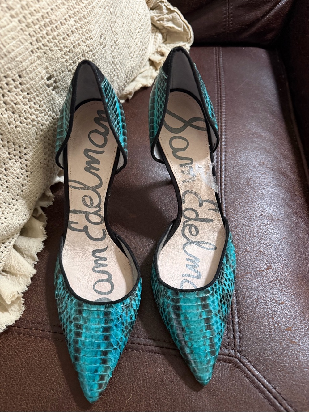 Sam Edelman Teal Snake-Embossed Pointed D'Orsay Heels